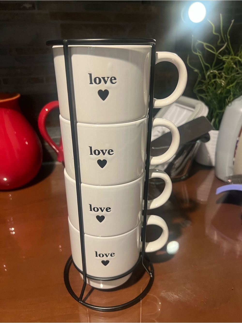 Stackable White 'Love' Ceramic Mug Set with Black Stand